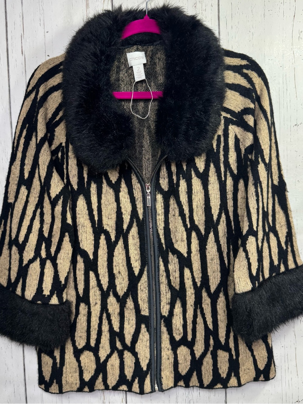 Chicos Beige Black Animal Print Faux Fur Trim Zip Jacket Size L Boho Mobwife